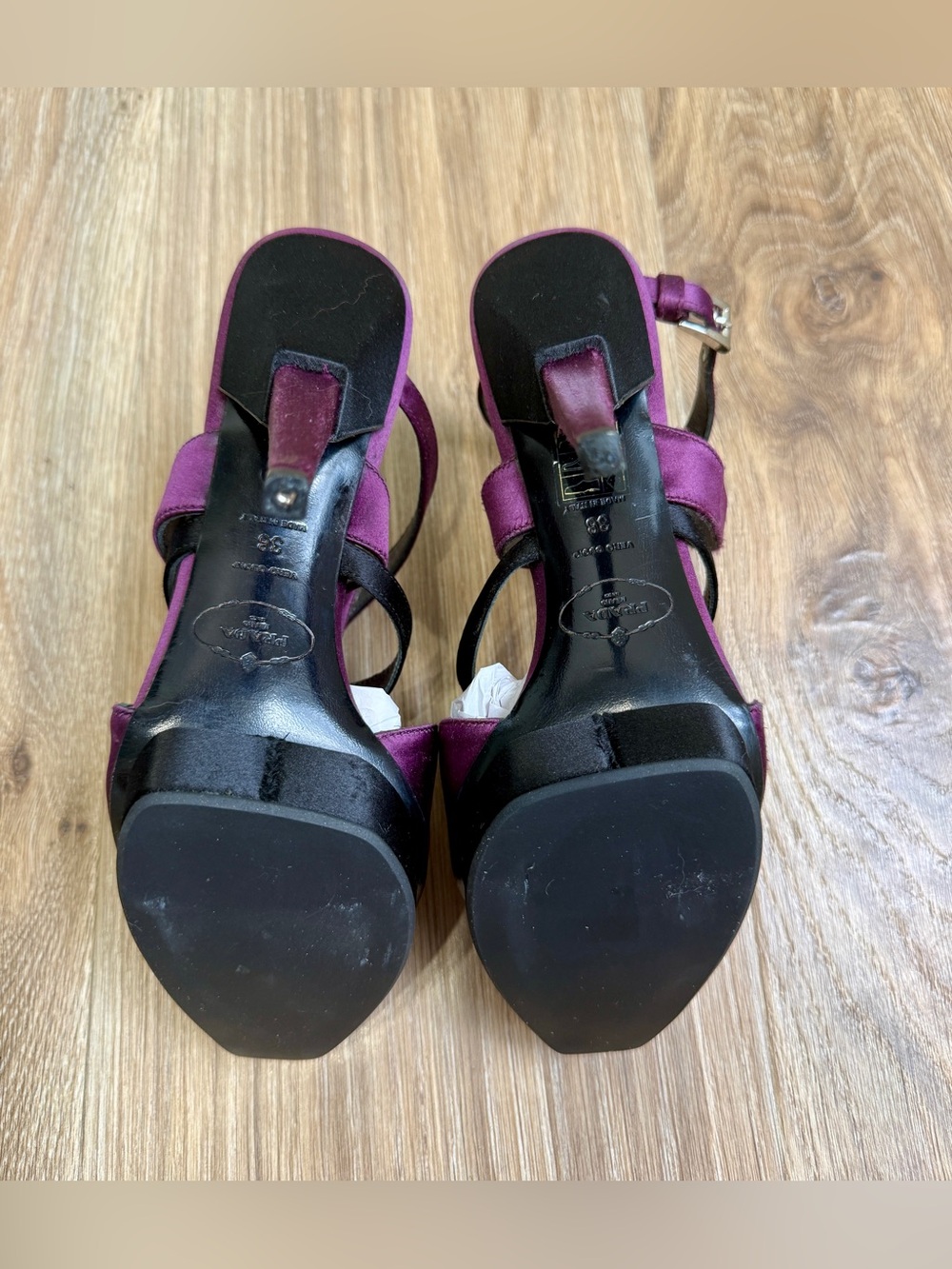 Prada Milano Satin & Leather Platform Sandals Purple Black Size 38 Made in Italy - Picture 7 of 9